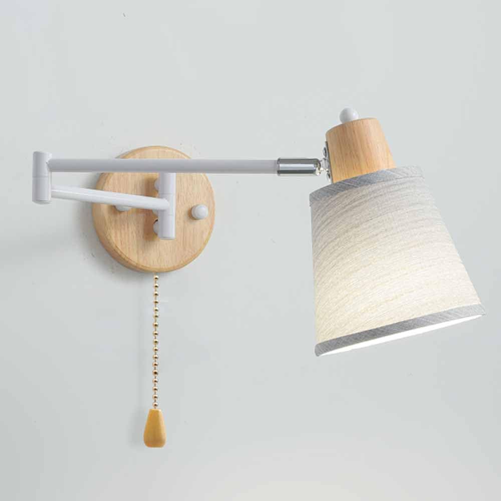 HELCEKOU Nordic Swing Arm Wall Lamp with Pull Switch Adjustable Angle Fabric Mount Lighting Plug in Bedside Reading Sconce Double Section Wood Decor for Living Room Hallway.