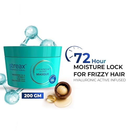 Image of Streax Professional Vitariche Gloss Hair Mask With Hyaluronic Acid- 200gm, Deep Conditioner for Dry, Damaged & Frizz free Hair, Hydrating Masque with Hyaluron Molecules, Sulfate & Paraben-Free, Hair Mask for Frizzy Hair, For Smooth, Shiny, Bouncy, Hydrated Hair (Pack of 1)
