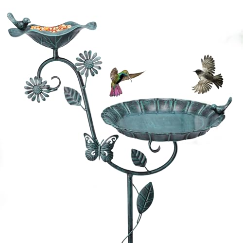 MUMTOP Bird Baths and Feeder for Outdoors, 53 inch Height Metal Birdbath Antique Garden Bird Feeder with Metal Stake for Garden Outside Yard Lawn Decorations, Green