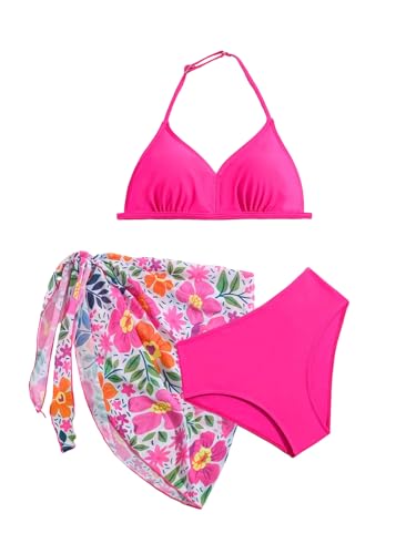 WDIRARA Girl's 3 Piece Swimsuit Bathing Suit Halter Backless Swimwear Set with Floral Print Cover Up Skirt