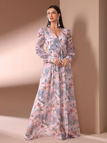 Image of TOLEEN Summer Casual Dresses for Women 2024 Spring Fashion Boho V Neck Long Sleeve Ruffle Floral Print Elegant Maxi Dress