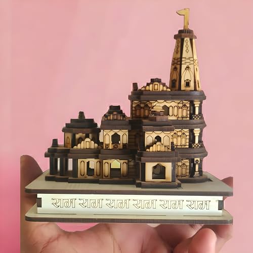 Rk Shri Ram Mandir Ayodhya 3D Model Wooden Hand Carved Temple Decorative Showpiece Wood Temple for Gift Replica Wooden Multi use CAR Deshboard Ideal for Home Decor, Temple and Best Gift