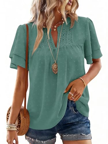 Bellcoco Boho Tops for Women Summer Short Sleeve Shirts Vneck Ruffle Flowy Blouses Dressy Casual Lace Hem Clothing(Cyan,Large)