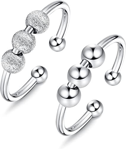 KALVICA Bague Anti Stress en Argent Sterling 925 pour Femme Spinner Anneaux en Perle Fidget Bague Anxiété Rotative Bague Ouverts Reglables l'anxiété Bagues Spinner Cadeaux