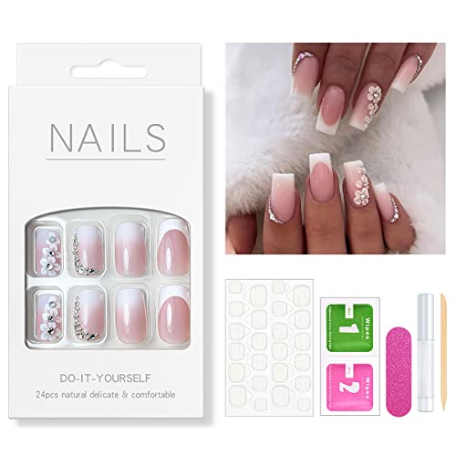Yivaiks 24 Pcs Pink Press On Nails Short | Medium French Tip Nails Glitter Diamond Crystal Flower Glossy Fake Nails False Nails With Glue On Nails Design Full Cover Acrylic Nails（White French Flowers）… #TOP8