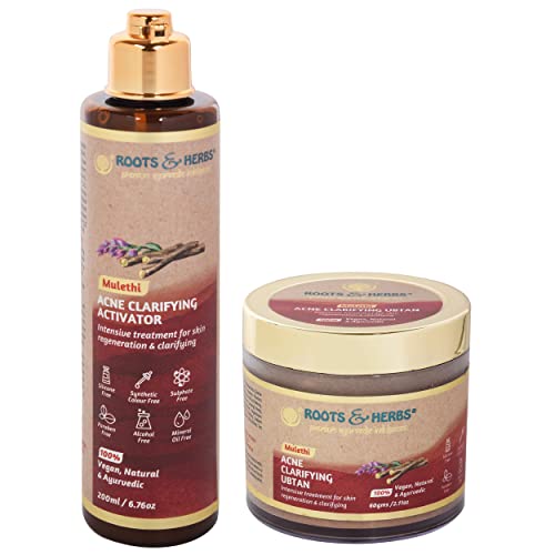 ROOTS AND HERBS Ayurvedic Face Ubtan and Activator Kit Natural Treatment 100% Vegan No Paraben Mulethi Acne Remover Ubtan and Activator 2.11oz, 6.76oz