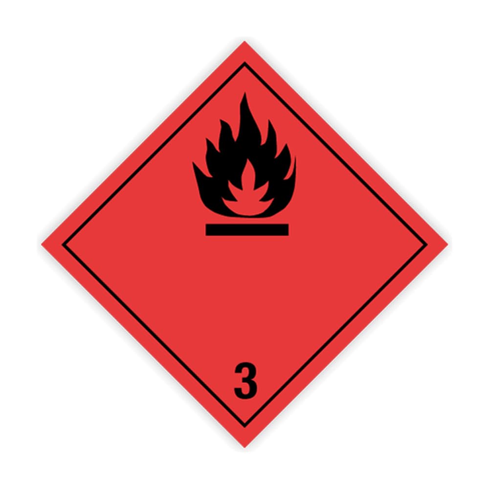 250 etiquetas adhesivas en rollo Clase 3 Líquidos inflamables 100 x 100 mm – polipropileno resistente al agua, no papel – ADR RID ADN IMDG IATA (sin texto)