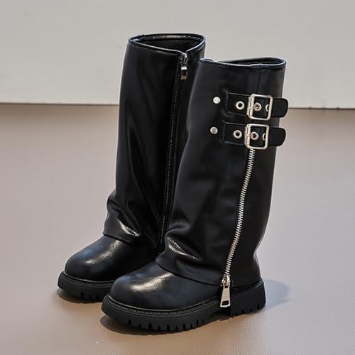 Mid Calf Boots for Girls Fold Over Zipper Buckle Riding Boot Wide Calf Platform Round Toe Chunky Low Heel Tall Boot Cowboy Riding Boots for Girl2