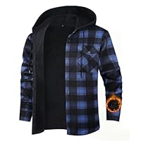 Boyzn Men's Hiking Winter Jacket Flannel Fleece Lined Outdoor Shacket Plaid Hooded Button Down Winter Outerwear Blue-Q7-XL