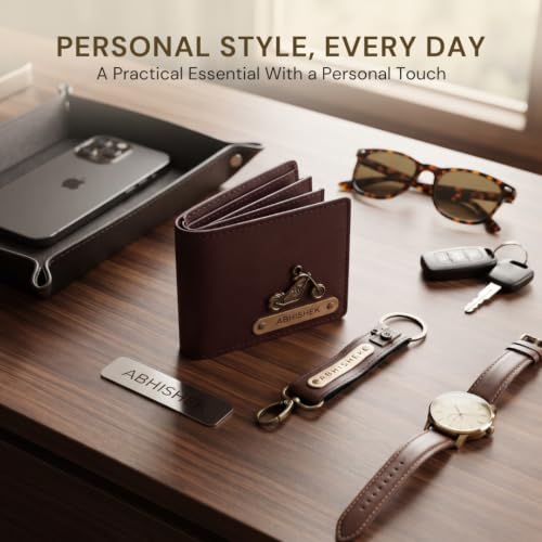 Image of Personalized Name & Charm Leather Wallet & Keychain (Dark Brown) Giftset for Men|Customized Birthday Anniversary Corporate Gift for Man|Gifts for Men|Secret Santa Gifts for Office Staff Dark Brown