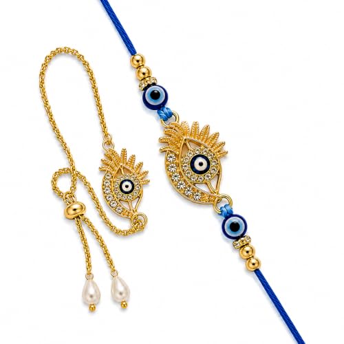Image of eCraftIndia Designer Evil Eye Bhaiya Bhabhi Rakhi with Best Bro Ever Fridge Magnet, Gold-Plated Nazar Rakhi & Lumba Rakhi Set for Brother & Bhabhi, Raksha Bandhan Gift with Roli Chawal