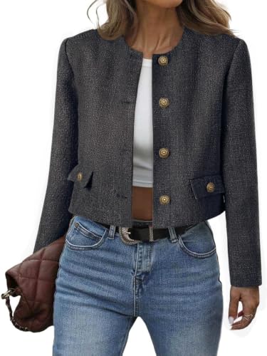 Cicy Bell Womens Cropped Tweed Blazer Collarless Button Down Bomber Jacket
