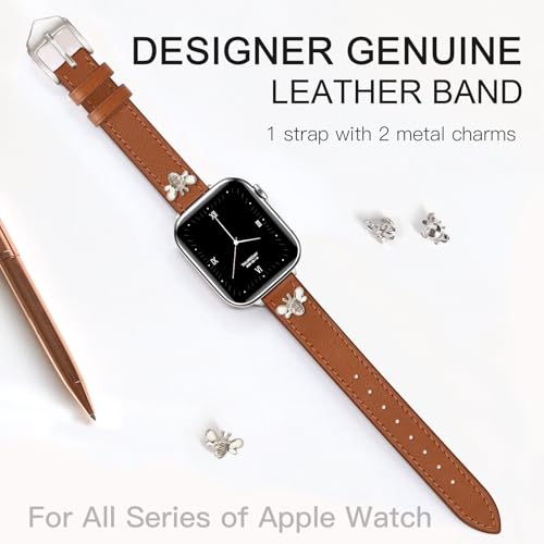 Image of JR.DM Slim Leather Bands Compatible with Apple Watch Band 38mm 40mm 41mm 42mm 44mm 45mm 46mm 49mm, Genuine Leather Band with Charms, Feminine Design for Iwatch Ultra SE Series 11 10 9 8 7 6 5 4 3 2 1