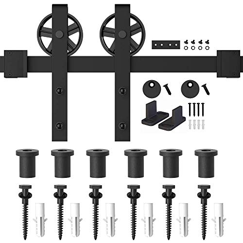 Winsoon 5-16Ft Single Wood Sliding Barn Door Hardware Kit 8Ft Basic Black Big Spoke Wheel Roller Garage Closet Carbon Steel Flat Track System (8Ft) #TOP5