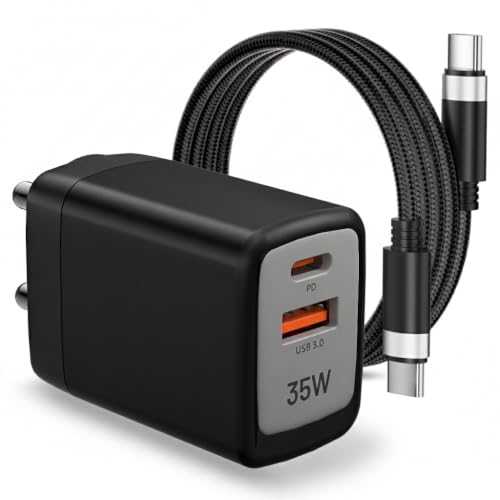 Image of Tukzer 35W Dual Port GaN3 Ultra 3X Faster Charger Adapter (Type C PD3.0 & USB QC3.0) with Type C to C Cable for iPhone 17 /17 Plus /17 Pro /17 Pro Max, 16 /15 /14 /13 /12 Series,Samsung, MacBook,Laptops-BLK