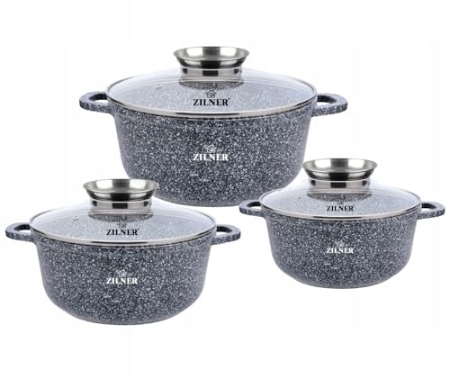 Zilner 3er Set Marmortöpfe 18/22 / 26cm ZL-8530, alle Herdarten, Induktion, ideal als Geschenk, 6 Elemente opfset Induktion, Töpfe beschichtet, Kochtopf Set|