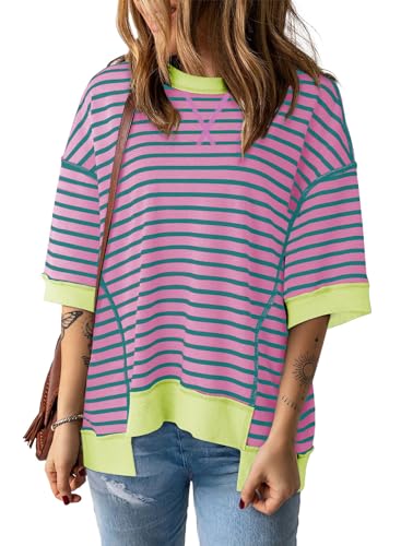 GUNEST Womens Summer Tops Purple Striped Casual Crewneck Short Sleeve Sweatshirt Striped Color Block Trendy Pullover Knitted T Shirts Blouse