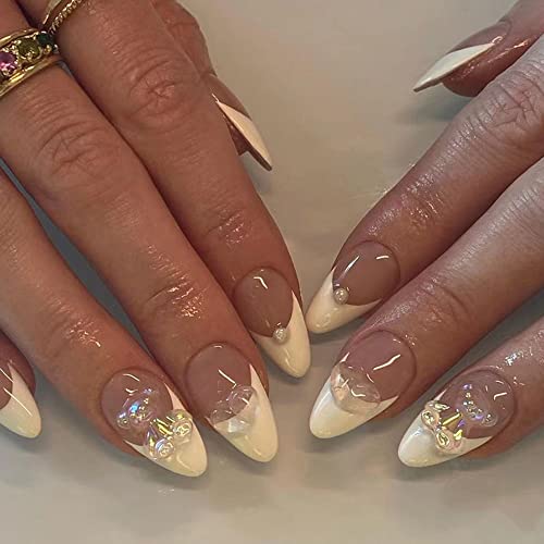 Rodaky French White Press On Nails Glossy Almond Pearl 3D Dear False Nails Full Cover Fake Nail Medium Glue On Nails Ballerina Nail Art Set Diy Acrylic Tips Stick On Nails For Women #TOP12