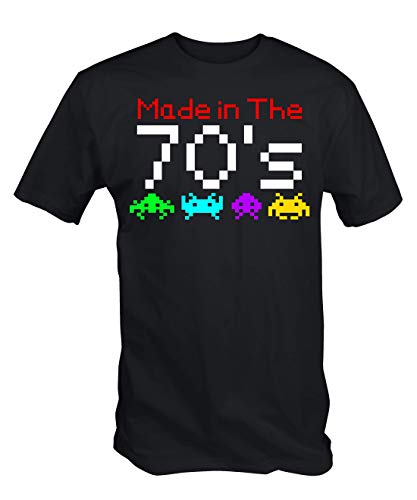 6TN Homme Tee Shirt Space Invader fabriqué dans Les années 70 (L, Noir)