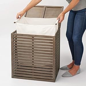 Mdesign bamboo wood foldable laundry basket storage organizer wremovable fabric liner lid collapsible laundry hamper for laundry room bathroom bedroom holds clothes echo collection gray  urban country home decor