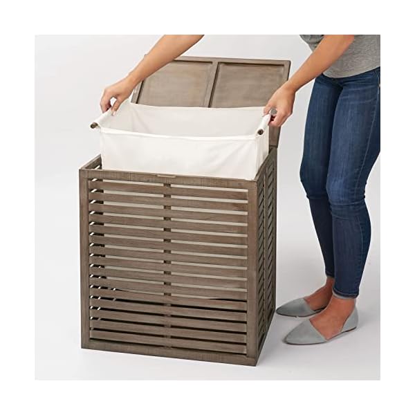 Mdesign bamboo wood foldable laundry basket storage organizer wremovable fabric liner lid collapsible laundry hamper for laundry room bathroom bedroom holds clothes echo collection gray  urban country home decor