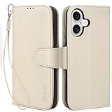 Arae Compatible with iPhone 16 Plus Case Wallet with Card Holder, Wristlet Strap Wallet Flip Cover for iPhone 16 Plus 6.7 inch Men/Women, RFID Blocking, Kickstand, Litchi Beige