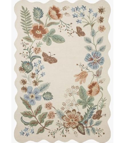 Image of Hand-Tufted Wool Carpet for Living Room 9x12 feet Ivory Floral Pattern Multicolor Anti-Skid High Pile Thick Carpet & Rugs for Bedroom & Hall
