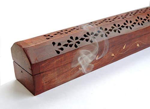 Bramble & Jones Leaf-Solid Wood Räucherstäbchen-Aufbewahrungsbox aus Holz, mit eingebautem Aschefänger und Kegelbrenner, Braun, 33,8 x 7,2 x 7,2 cm