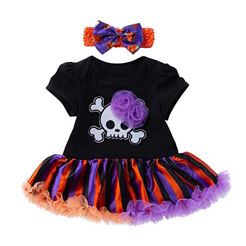 Preisvergleich Produktbild Halloween Kostüm Baby Skelettdruck Prinzessin Kleid Kurzarm-Body Atmungsaktiv Strampler Romper Tutu Kleid Schleife Stirnband Tütü Rock Mädchen Bekleidungsset Neugeborene Kleidung