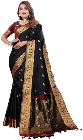 KNETLI Art Silk Saree for Women's With Unstitched Blouse (Black)