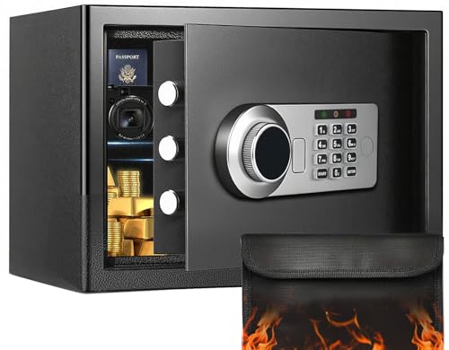 Houbobo 17L Safe Box with Fireproof Money Bag, Deluxe Digital Security Safe Box with Sensor Light & Removable Shelf, for Valuables Jewelry and Documents in Home, Hotel and Office, Wall or Floor Mount