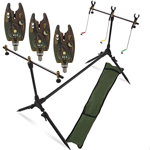 G8DS® Set Rod Pod Rutenhalter + Tragetasche inklusive 3 Bissanzeiger mit Lautstärke- und Tonregler Karpfen Angeln