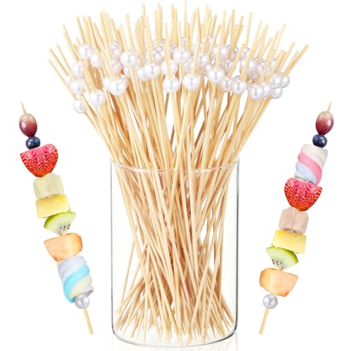 LOYIM 100 Pcs 8 Inch Long Cocktail Picks Fancy Toothpicks for Appetizer Bamboo Cocktail Sticks for Drink Dessert Fruit Barbecue Pearl Skewers for Party Decor Charcuterie Boards Accessories (White)