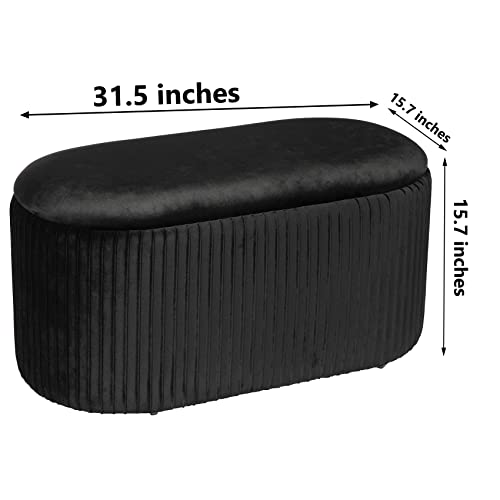 Pinplus Round Velvet Ottoman With Storage, Black Ottoman For Living Room, Storage Ottoman Bench, Large Foot Rest Stool Toy Chest For Bedroom, 31.5" X 15.7" X 15.7" #TOP2