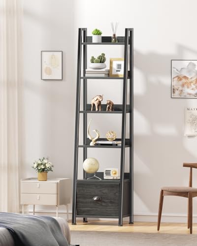 Image of Furologee Bookshelf Set of 2, 6-Tier Ladder Shelf, Ladder Bookshelf with Drawer, Set of 2 Bookshelves, Wood Metal Freestanding Storage Shelf for Living Room, Home Office, Bedroom, Kitchen,Black Oak