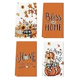 Artoid Mode Buffalo Plaid Bowknot Pumpkin Fall Kitchen Towels Dish Towels, 18x26 Inch Farmhouse Leaves Autumn Decoration Hand Towels Set of 4