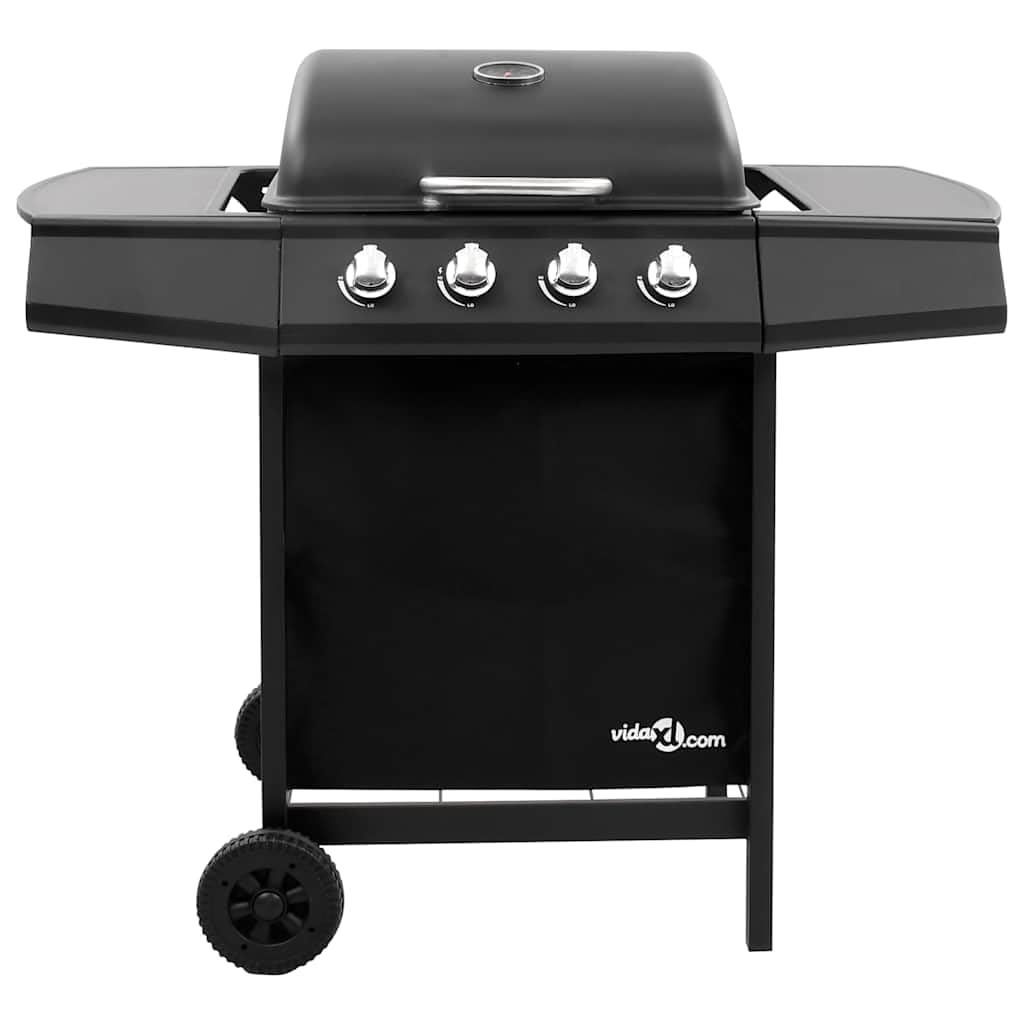 Grill gazowy z 4 płomieniami, czarny, grill ogrodowy z termometrem, powierzchnia grillowania 48,5 x 37,5 cm, łącznie z pokrywą i kółkami