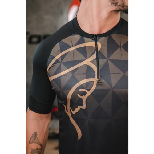 Camisa de Ciclismo Masculina Manga Curta Nossa Senhora Preta e Dourada Proteção UV Slim Confortável