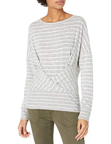 Amazon Brand - Daily Ritual Women's Cozy Knit Pleat Front Draped Sweatshirt, Heather Grey Marl/White Stripe, Large