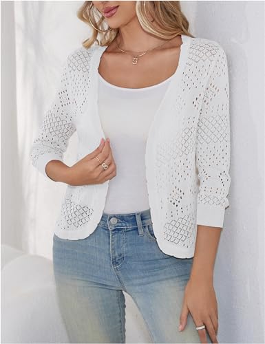 Image of REDHOTYPE Women's 3 /4 Sleeve Cardigan Open Front Cropped Shrugs Summer Hollowed Lightweight Cardigans Sweater (S-XL)