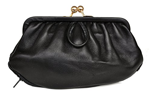 Porte-Monnaie Clic-Clac Rétro - Cuir d'agneau - 2 Compartiments + Double Fermoir pour pièces - Noir - Anneau - 17 cm (L) x 12 cm (H) x 2 cm (E)