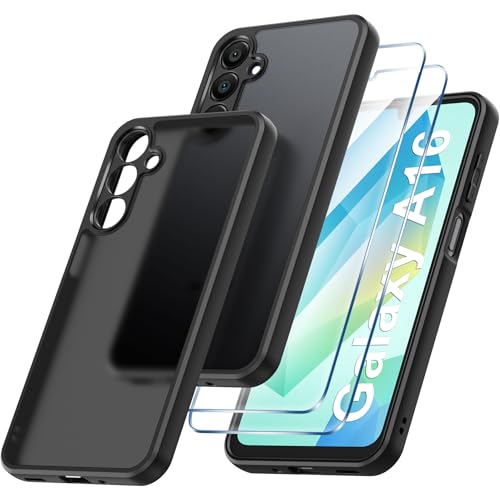FLLAO Matte Schutzhülle für Samsung Galaxy A16 4G / 5G, mit 2 Teilen aus Hartglas, Kameraschutz, stoßfest, Anti-Fingerabdruck, durchscheinend, matte Rückseite, Schwarz