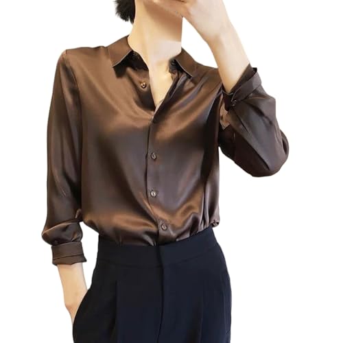 Blusa Mujer Elegante Fiesta Raso Blusas Elegantes de Satén Manga Larga Camisa Talla Grande Chic Oficina Camiseta Color Sólido Casual Top Cuello Abierto con Botones Seda Tops Cómodo Moda Básico Boda