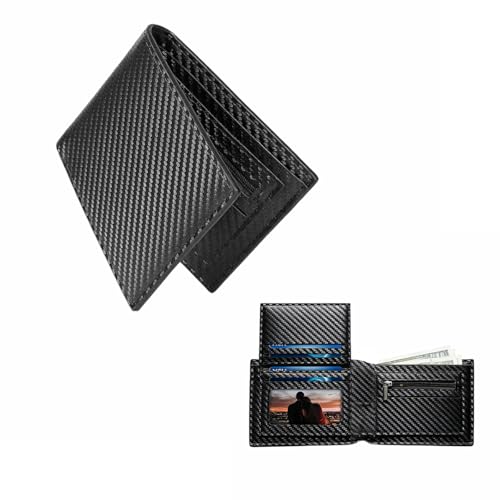 Cartera ultrafina de fibra de carbono para hombre, tarjetero minimalista delgado con bloqueo RFID y bolsillo para dinero (negro, 12 x 10 cm)