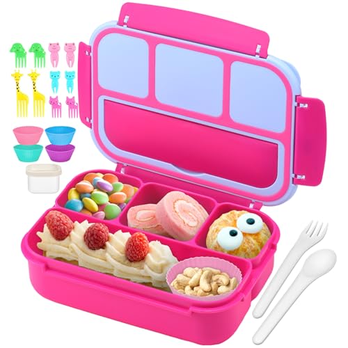 QQKO Bento Box for Kids Adults, School Toddler Lunch Box for Boys Girls, Lunch Box Containers with 4 Compartments, Sauce Container, Utensils, Food Picks and Muffin Cups for School, Pink Blue