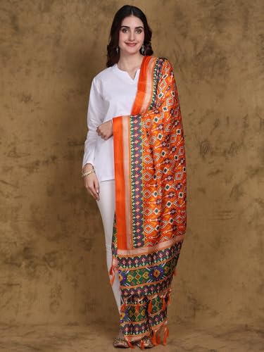 Women's Patola Art Silk Printed Dupatta with Fringes | Traditional Ethnic Print Weave Design Stole, Chunni2