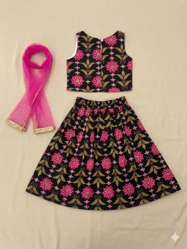 Image of A.T.U.N. (ALL THINGS UBER NICE) Baby Girls Cotton Ethnic Floral Lehenga Choli Set with Lace & Dupatta | Traditional 3-Piece Festive Outfit for Kids