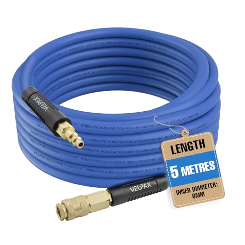 Hybrid Air Hose 6mm I.D. x 12mm O.D. by 5m 300 PSI Working Pressure PVC & Brass Hybrid Construction with Bend Restrictors on Both Ends and 1/4 BSP Brass Fittings (Blue)