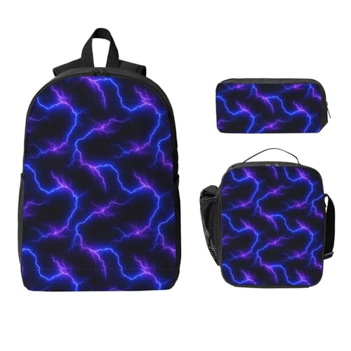Multipurpose Backpack Set, 3pc Combo with Insulated Food Bag & Pencil Organizer (Unisex for Office Workers/Travelers/Camping, Cool Purple Blue Lightning Pattern)2