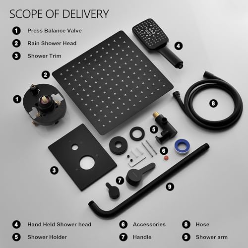Lavatrum Shower Faucet Set Wall Mounted Shower head with Handheld Comb Rain System 6 Function Pressure Balance - Stainless Steel Bathroom Shower Kit Complete 12 Inch Matte Black(With Valve) by Lavatrum - Used condition - Image 8